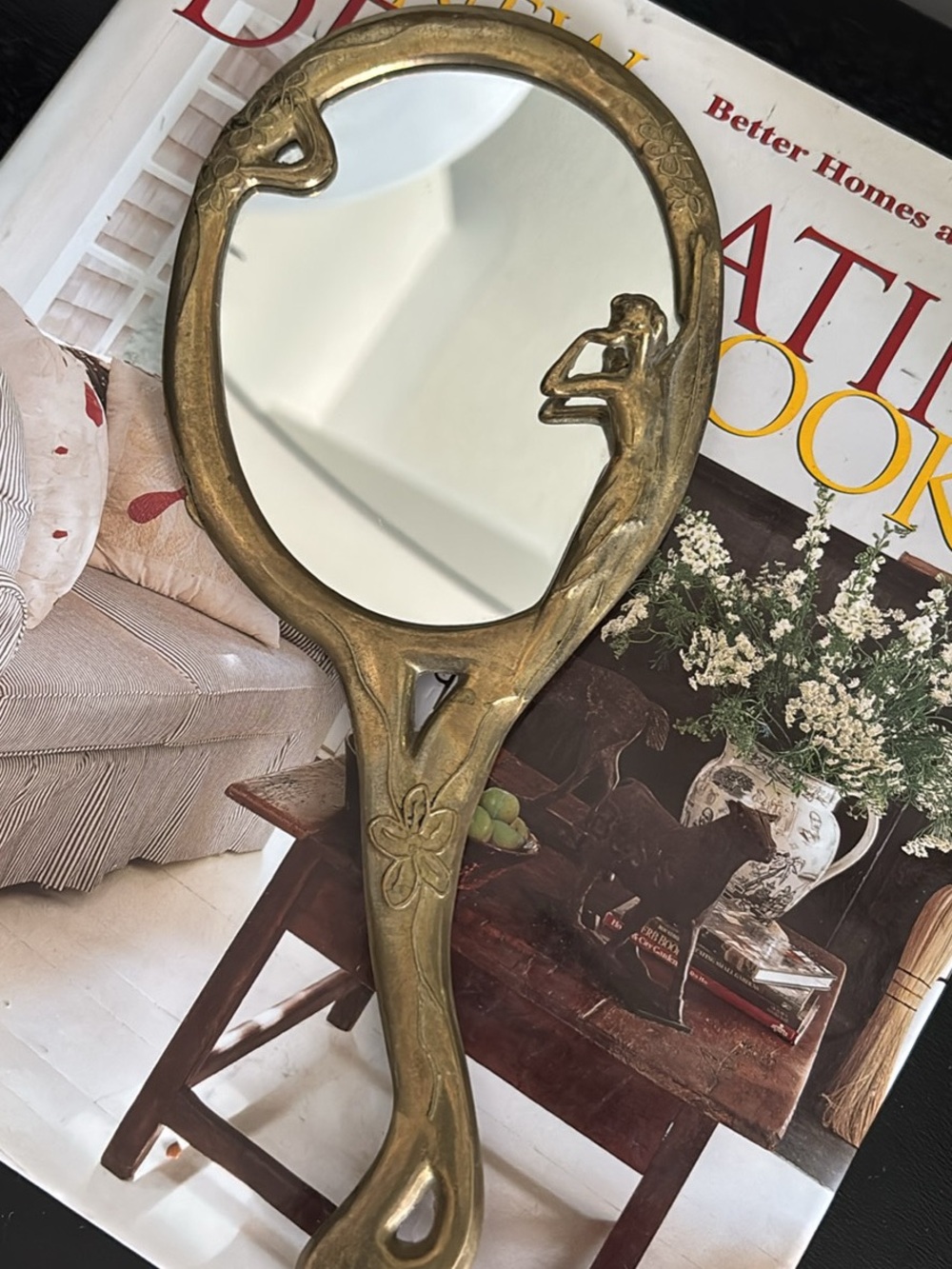 Brass-Tone Art Nouveau Hand Mirror - Elegant